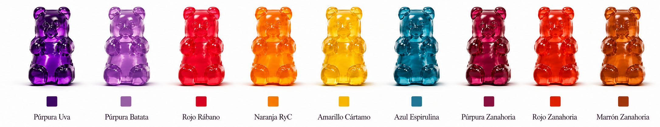 Paleta de colores naturales Qualab en formato osito de goma — hacé click en cada osito para ver su ficha